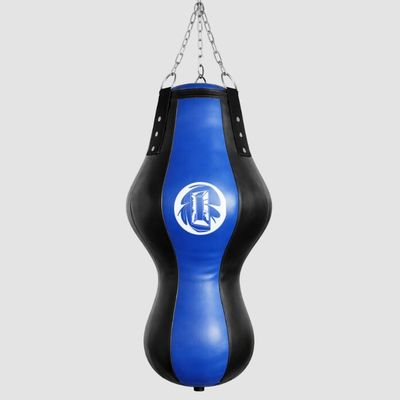 Blue and black teardrop-shaped punching bag hanging from chains against a gray background.