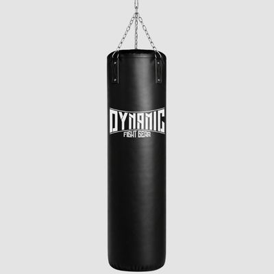 Black hanging punching bag with metal chains and a Dynamic Fight Gear logo across its middle