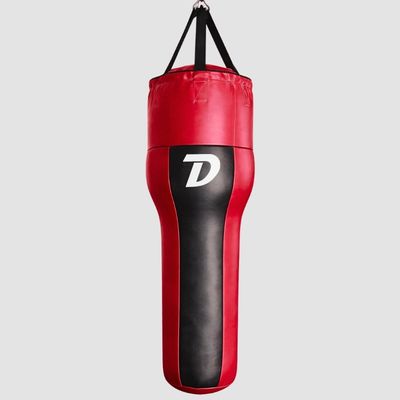 Red and black hanging punching bag with a white D logo, used for boxing training.
